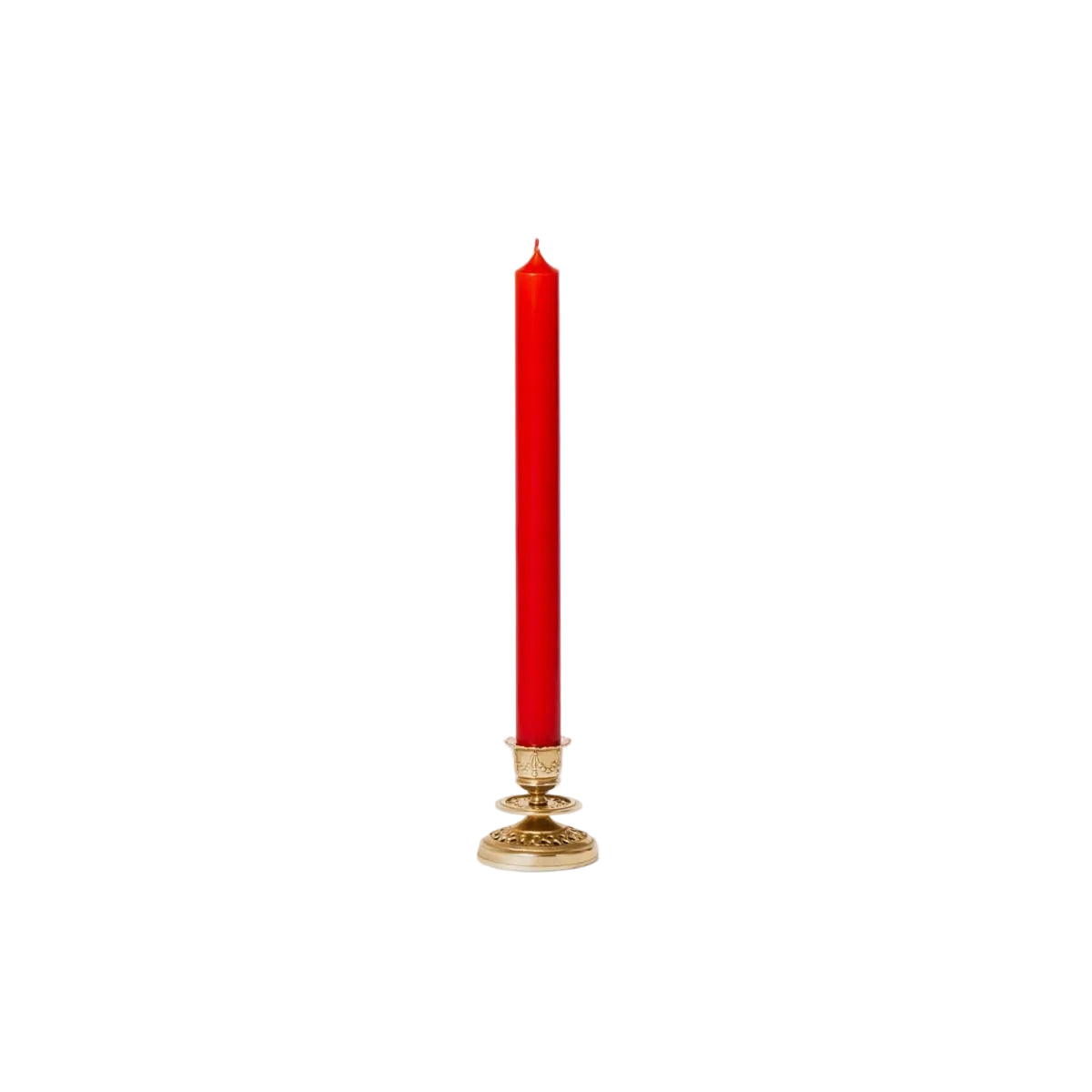 Red candle in a gold holder on a white background