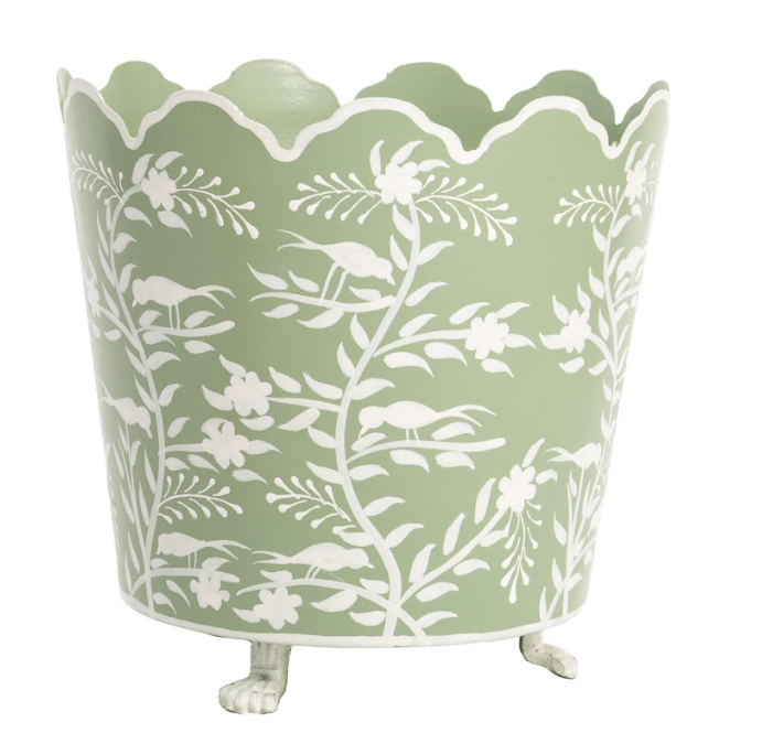 Soft Green & White Scalloped Footed Planter -  Small