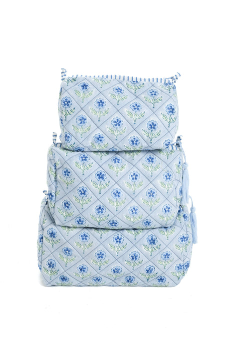 Mona Blockprint Makeup Bag in Blue - Set of 3