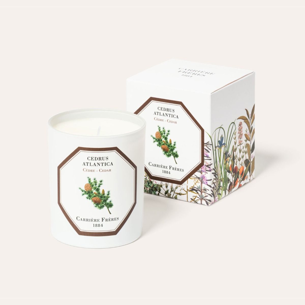 Candle with botanical label and matching box on a white background