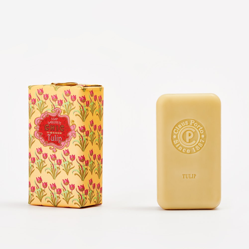 Claus Porto Chic Tulip soap in decorative package on white background