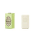Green box and white bar of soap with branding on a white background