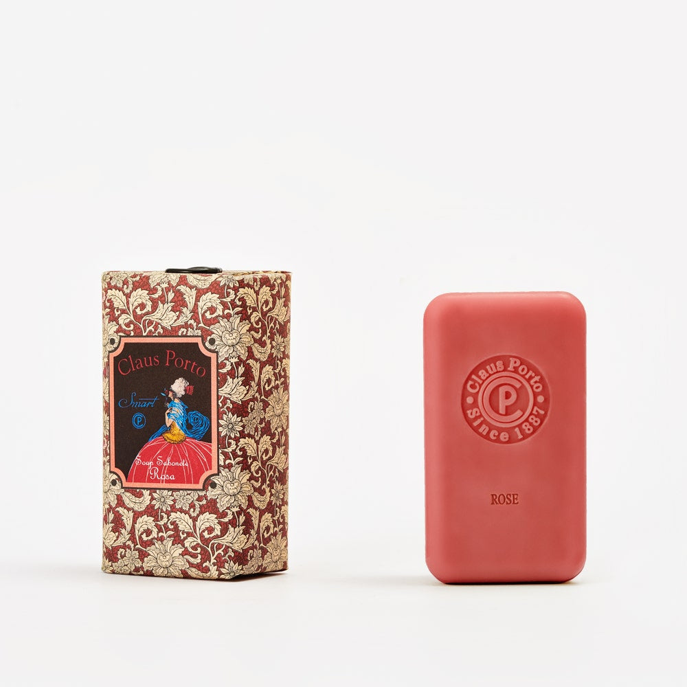 Claus Porto Smart Rosa Soap in decorative package on white background