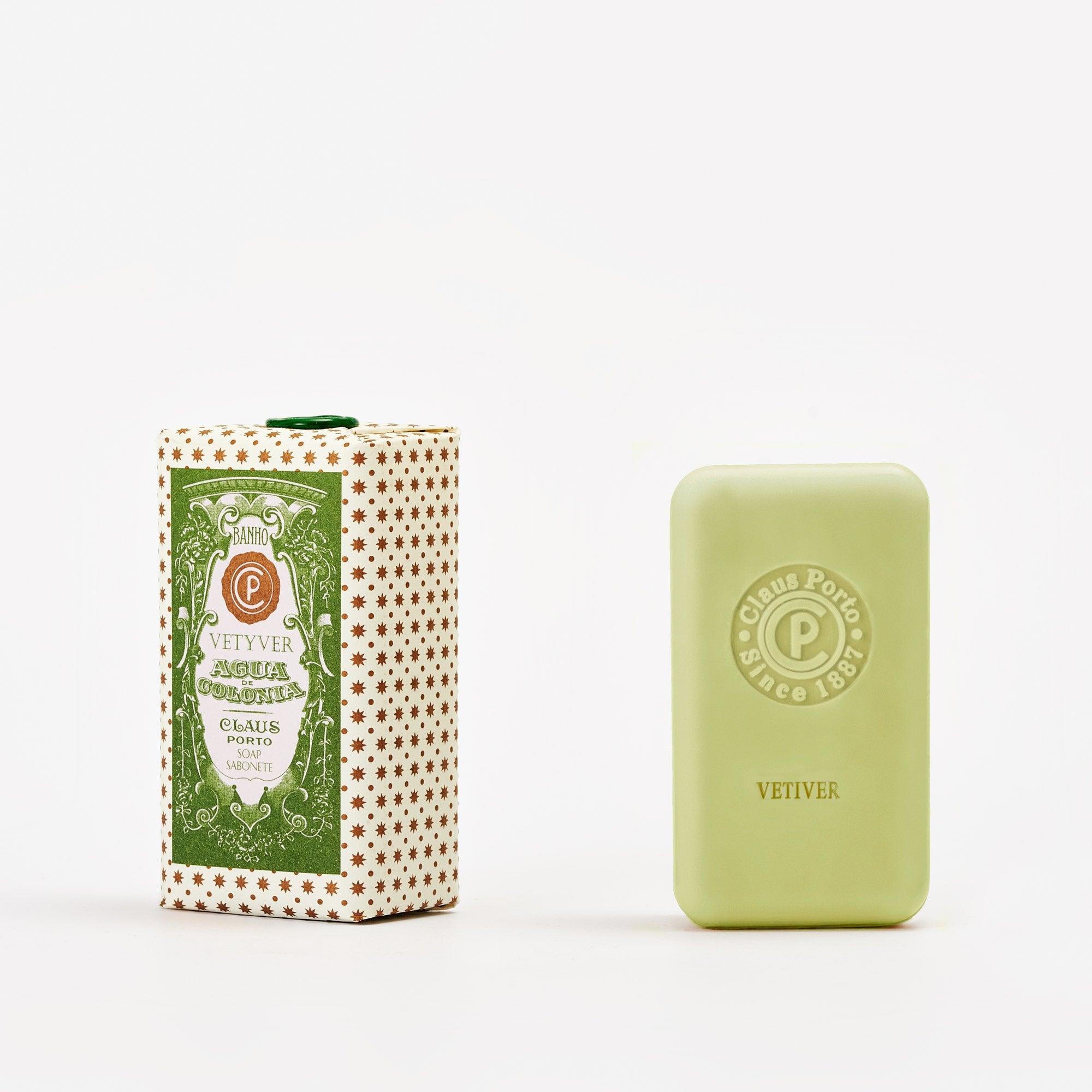 Claus Porto soap vetyver wrapped in decorative paper on white background