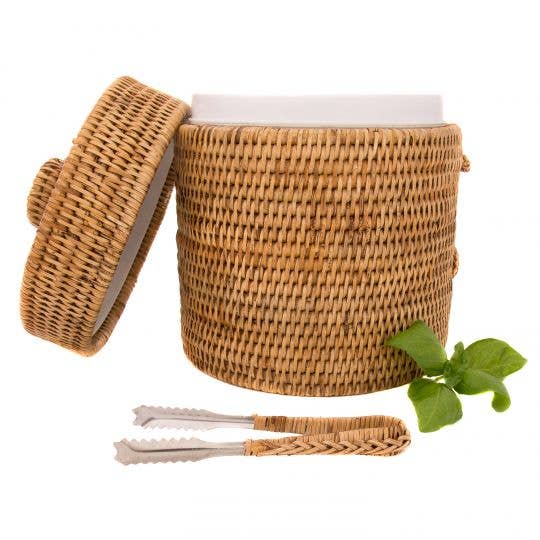 Rattan Ice Bucket with Tongs - Honey Brown