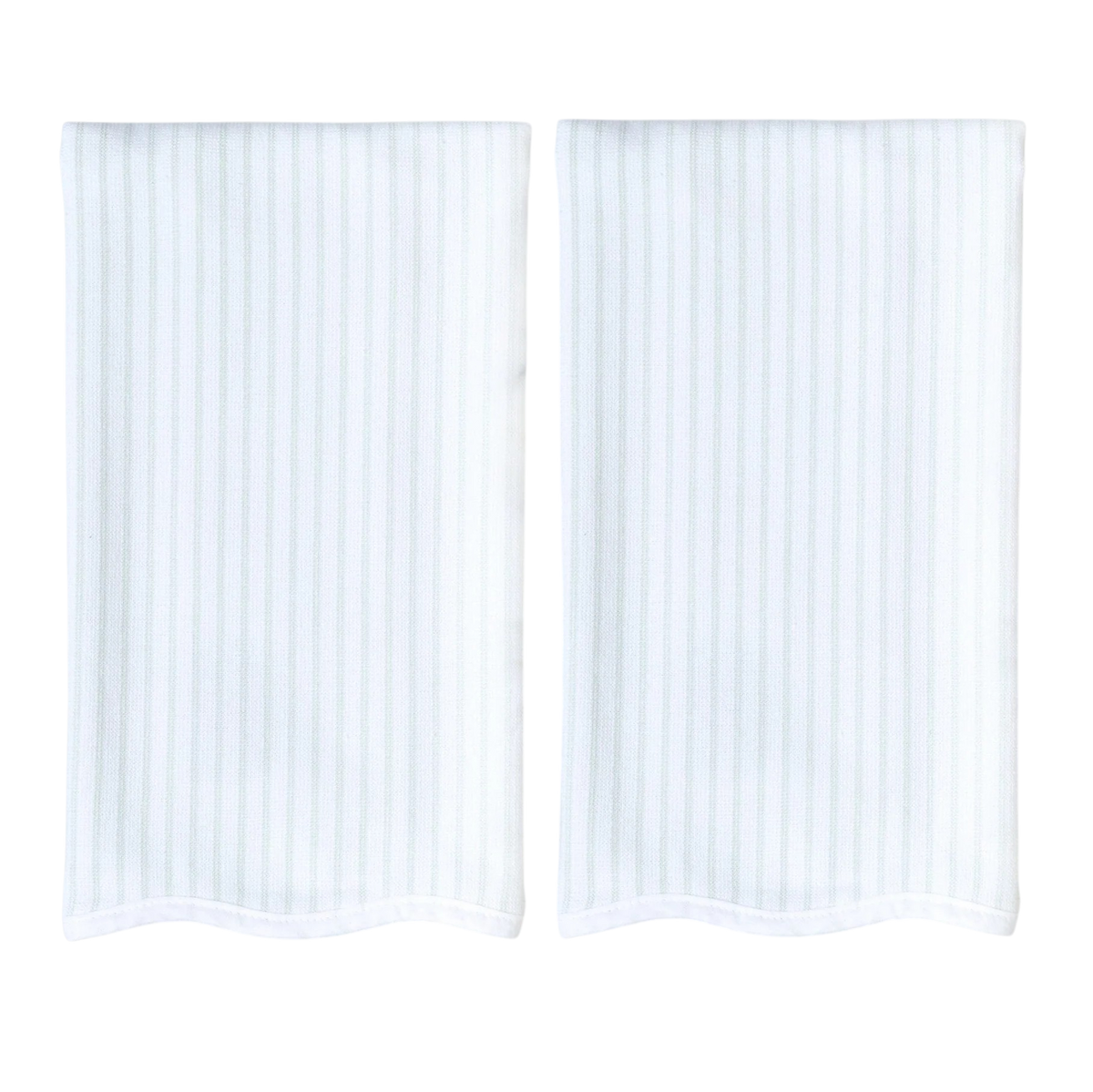 Set of two green pin stripe dish towels with scalloped edge 