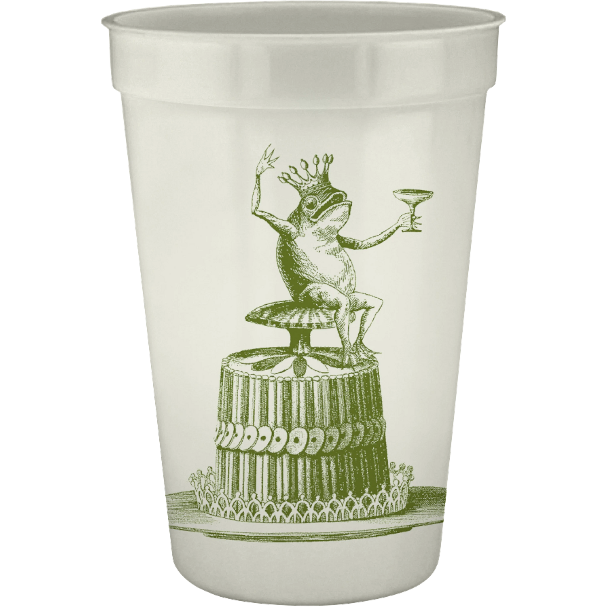 Homeport 16oz pearlized party cup featuring an Alexa Pulitzer whimsical green frog wearing a crown on a cake