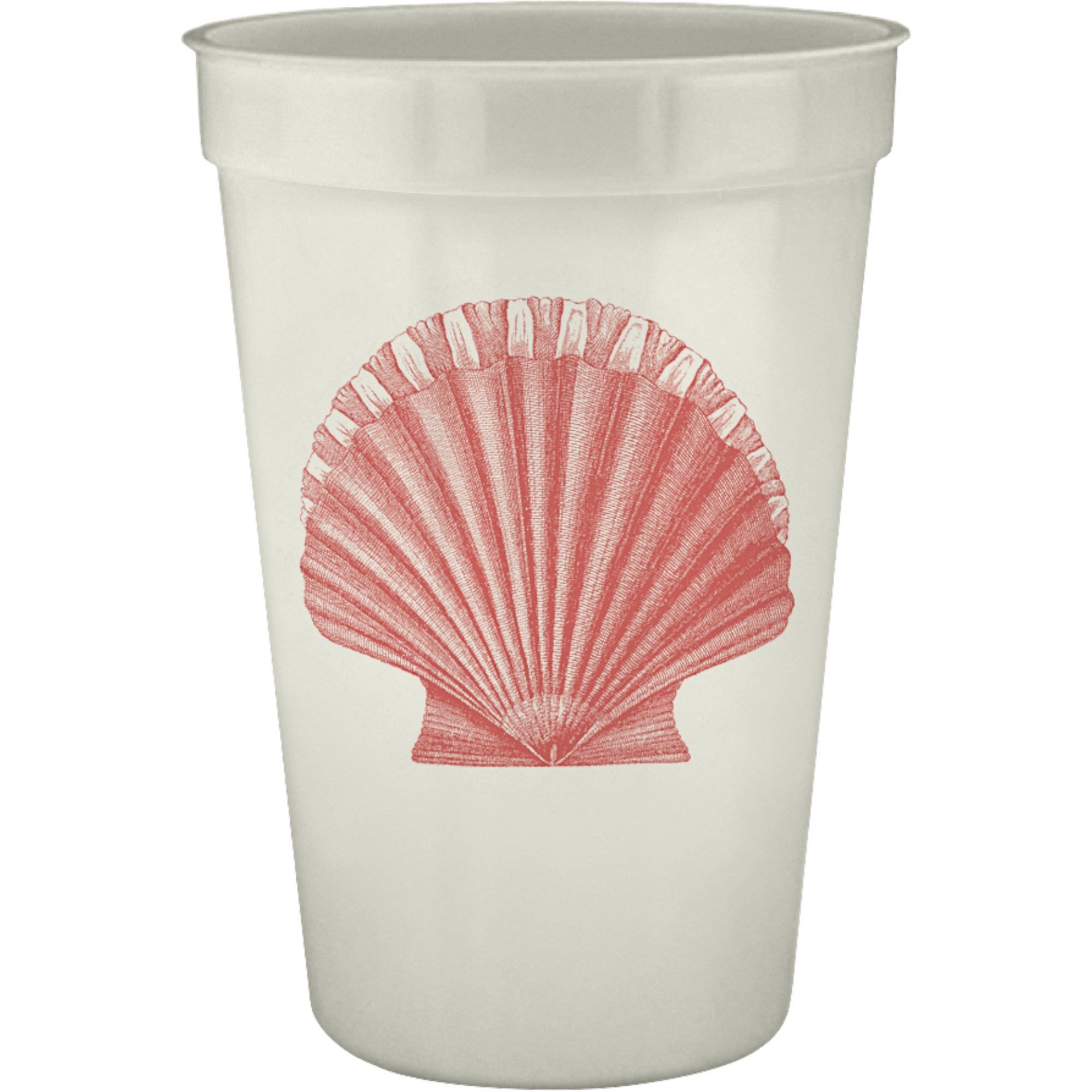 Homeport 16oz pearlized disposable cup featuring a red scallop shell illustration for coastal-themed events.