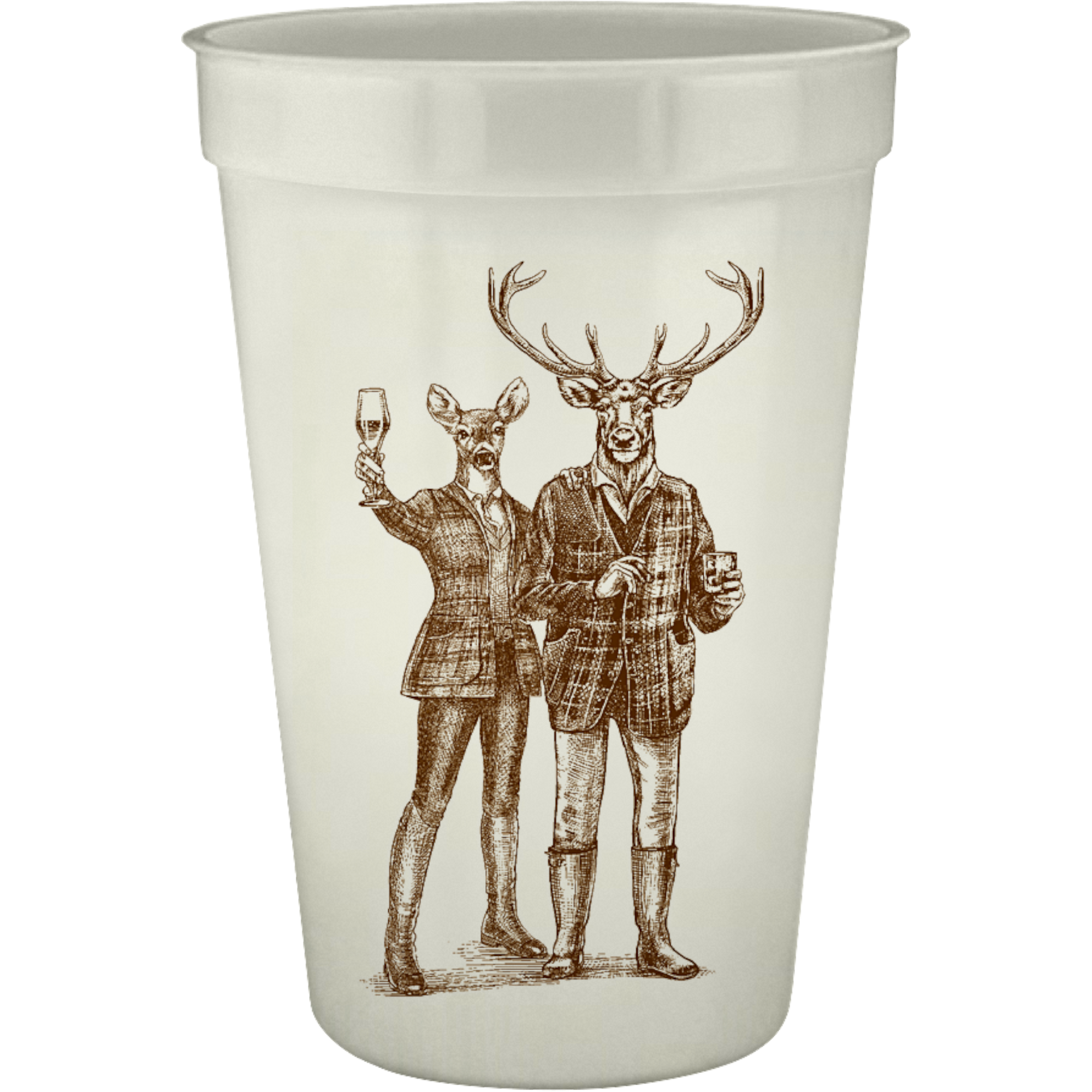 Homeport 16oz pearlized disposable cup featuring brown Reindeer Romp artwork of dressed deer for holiday parties