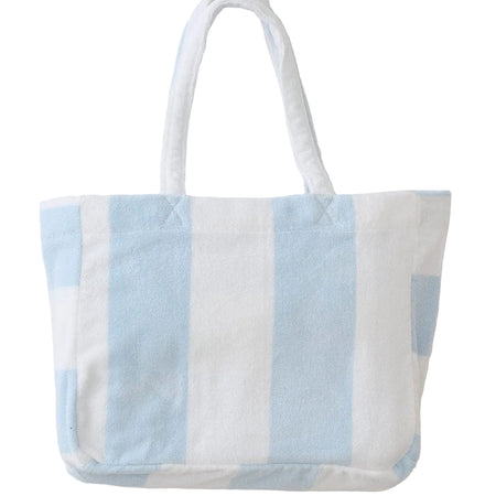 Tote bag with blue and white striped pattern on a light gray background