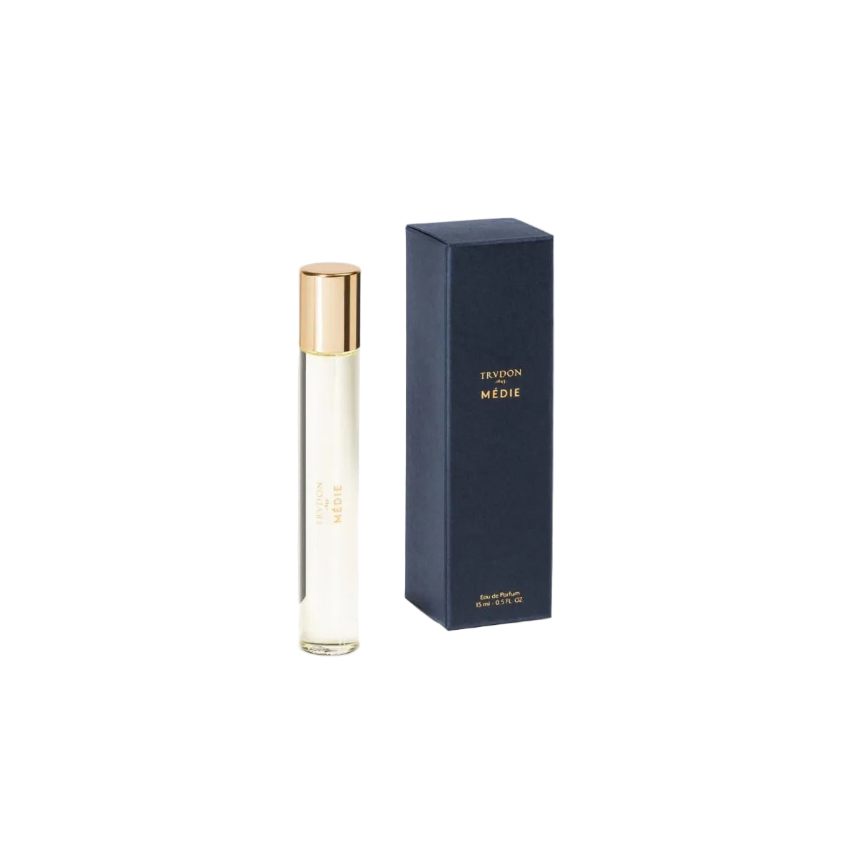 Perfume bottle with gold cap and dark blue box on a light gray background