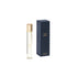 Perfume bottle with gold cap and dark blue box on a light gray background