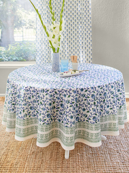 Turquoise & Navy Floral Round Tablecloth