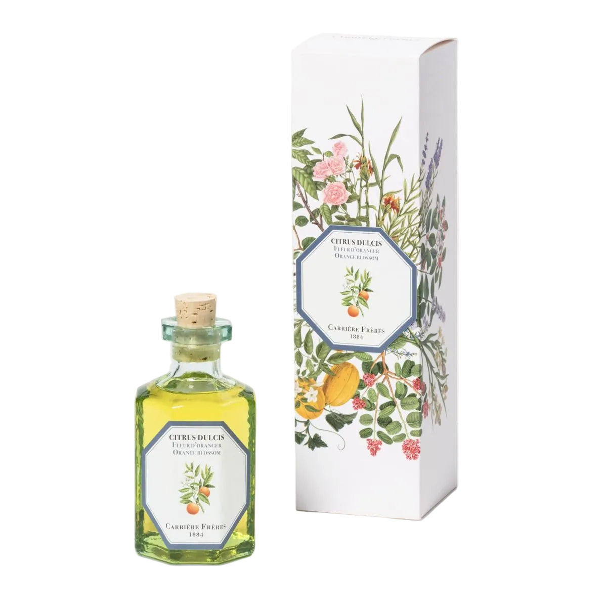 Bottle of a diffuser with a decorative box on a white background