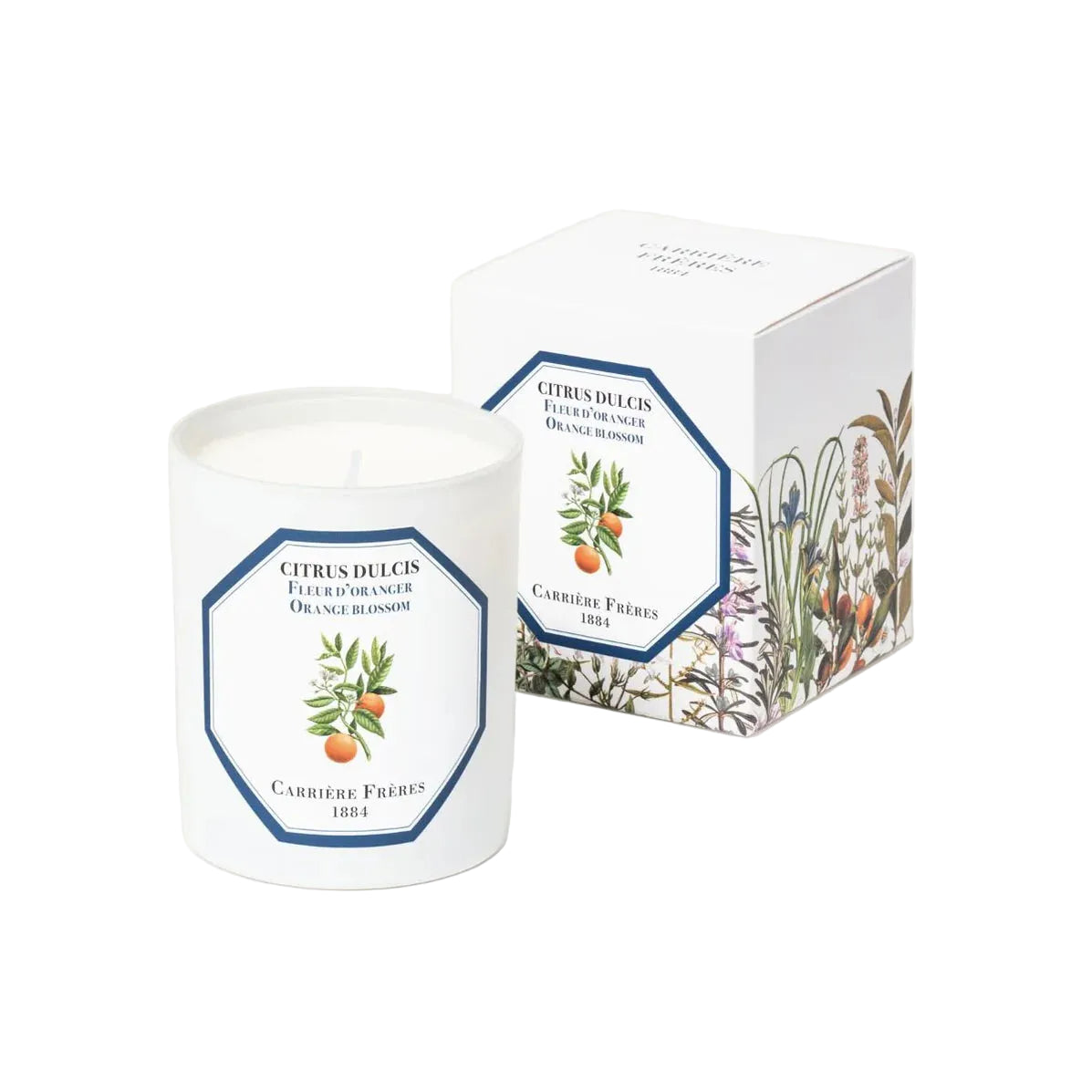 Candle with decorative label and packaging on a white background
