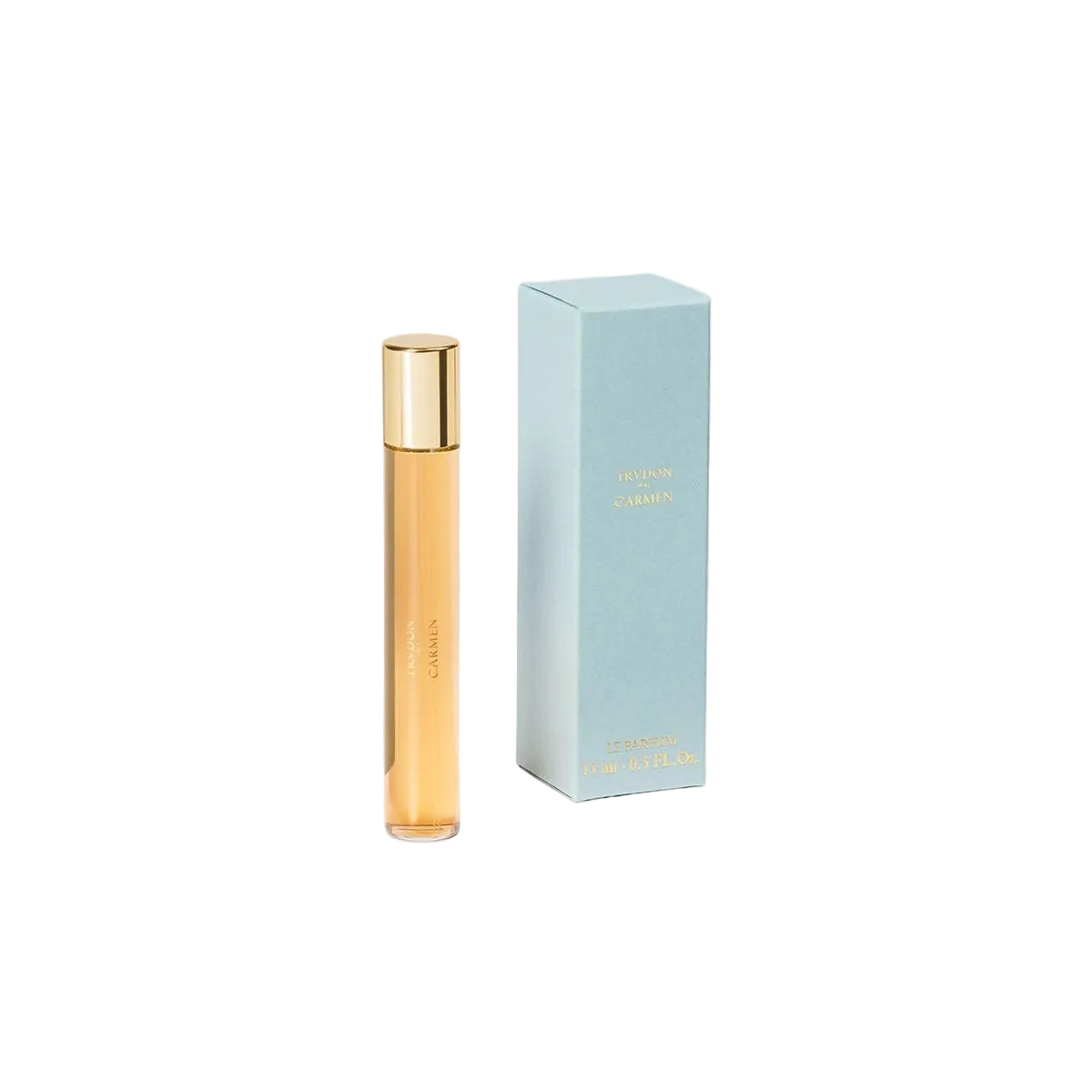 Gold perfume bottle with a matching box on a light gray background