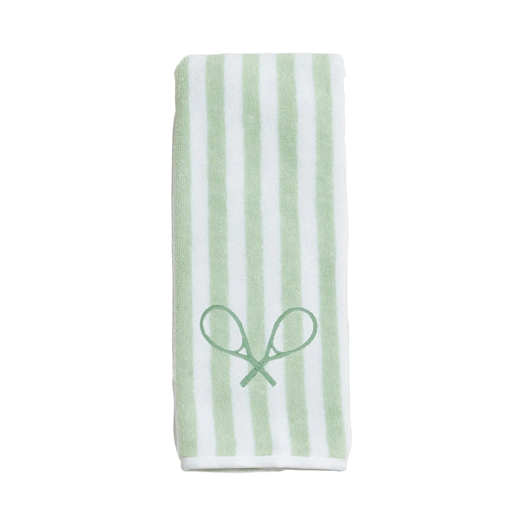Striped towel with green heart design on a whiate background