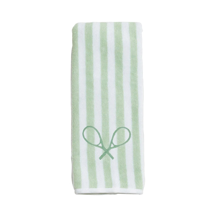 Striped towel with green heart design on a whiate background