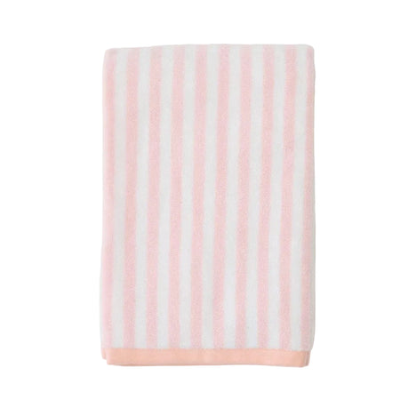 Striped towel with pink and white stripes on a white background