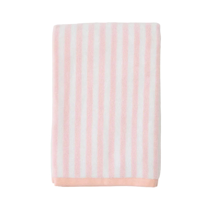 Striped towel with pink and white stripes on a white background