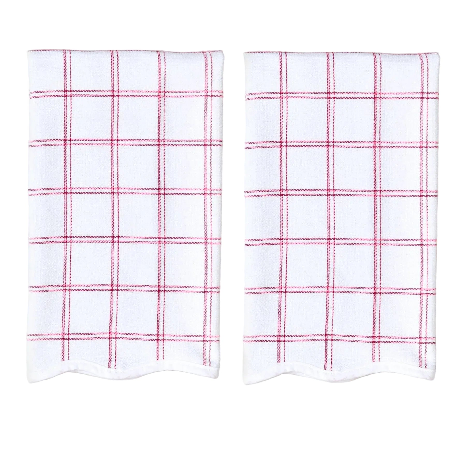 Two red plaid fabric swatches on a white background