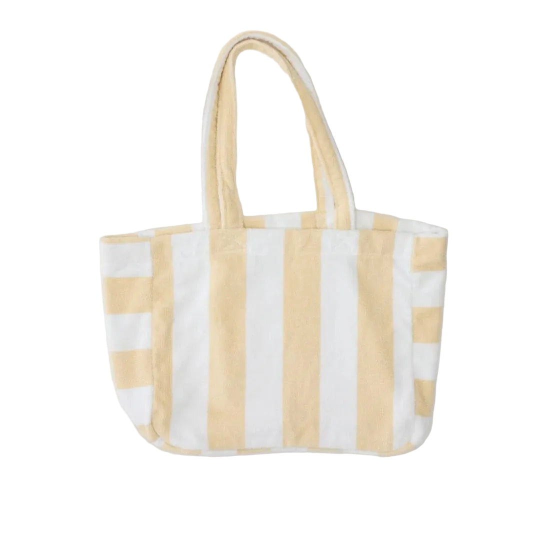 Beige and white striped tote bag on a light gray background