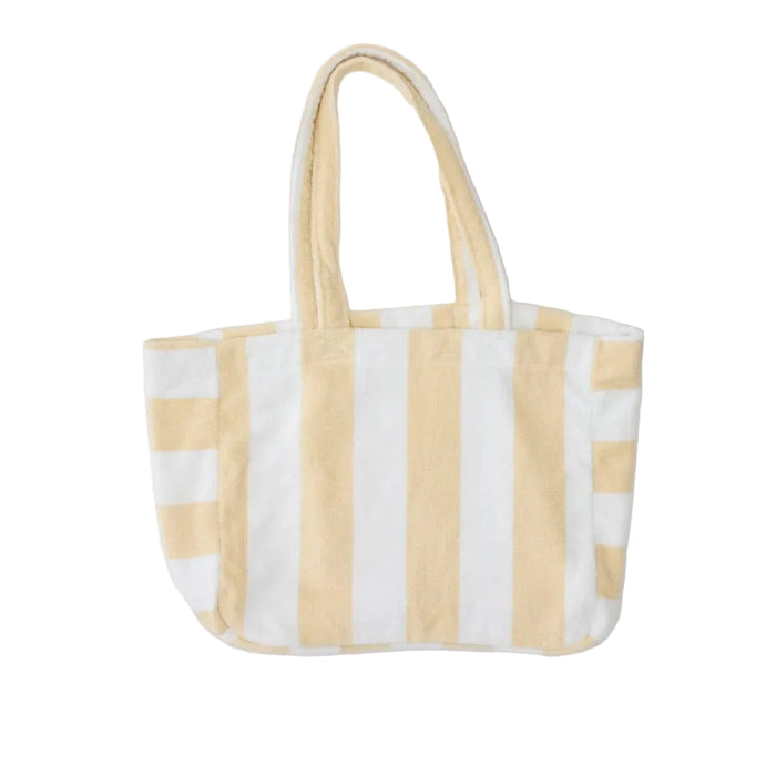 Beige and white striped tote bag on a light gray background