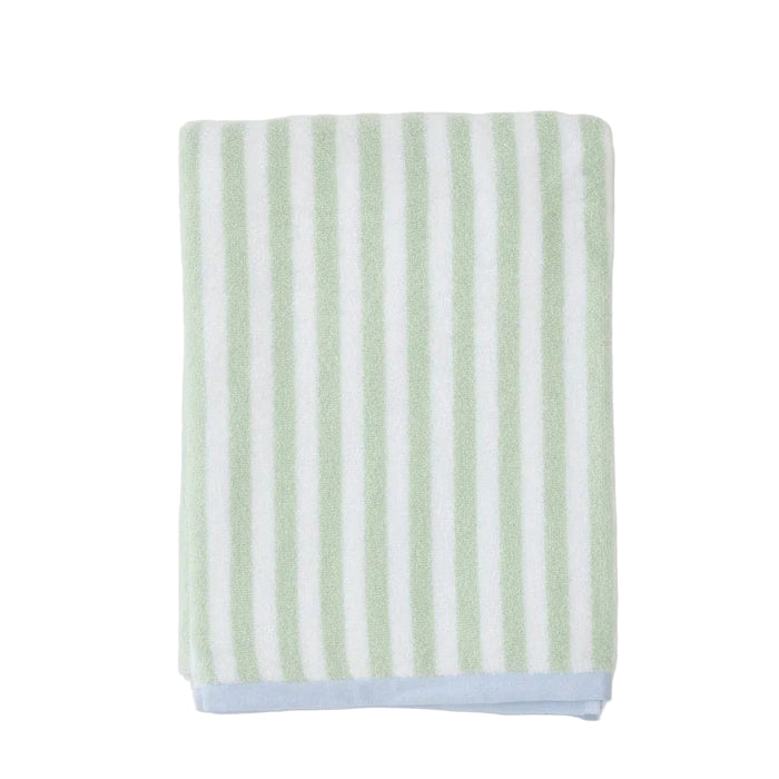 Striped towel with green and white stripes on a white background