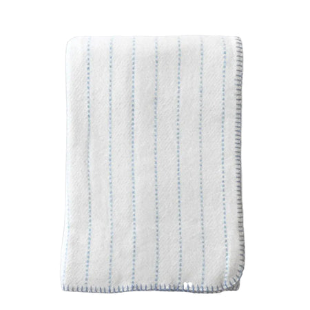 Folded white blanket with blue stripes on a white background