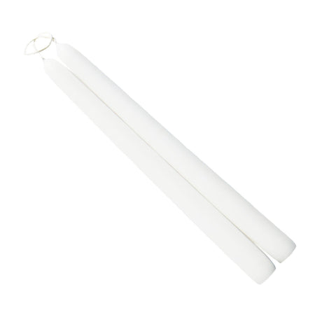 A pair of stark white taper candles connected by a wick, against a white background.