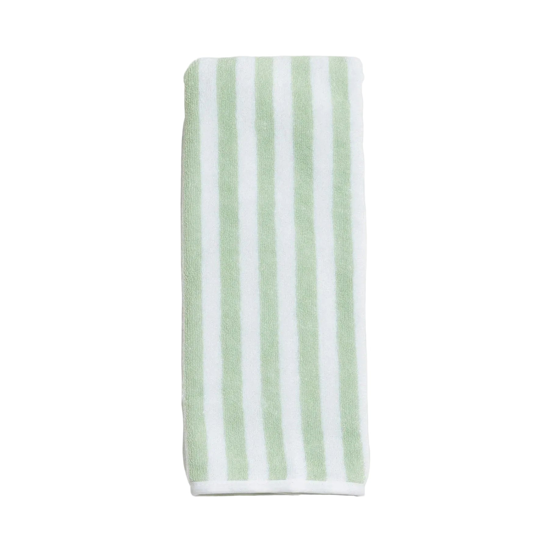 Striped towel with green and white stripes on a light gray background