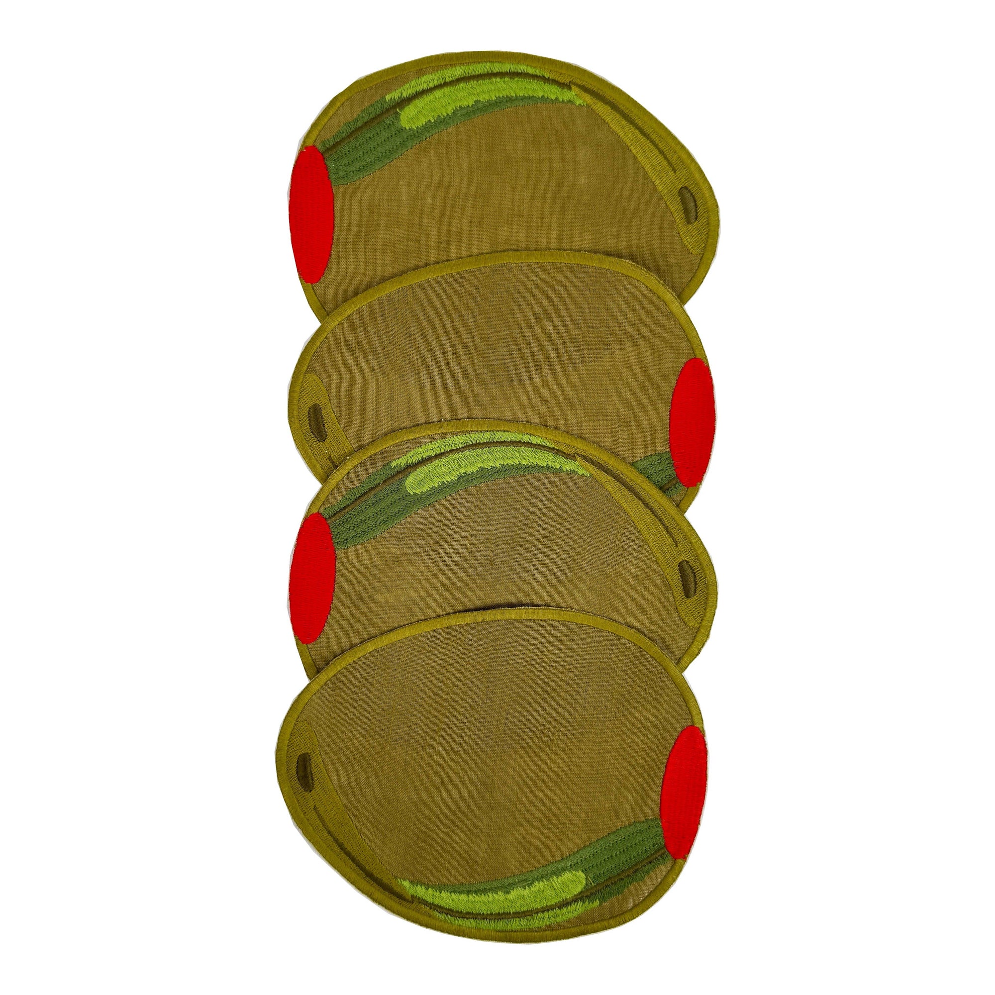 Set of four brown knee pads with red and green accents on a white background