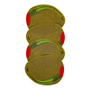 Set of four brown knee pads with red and green accents on a white background