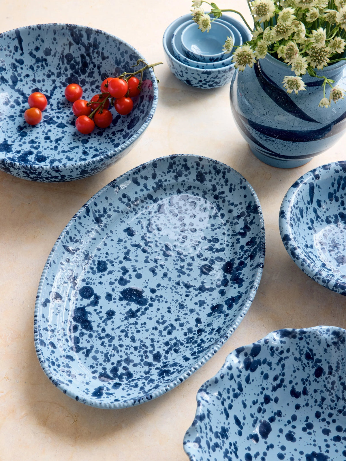Blue Splatter Rolled Edge Serving Bowl
