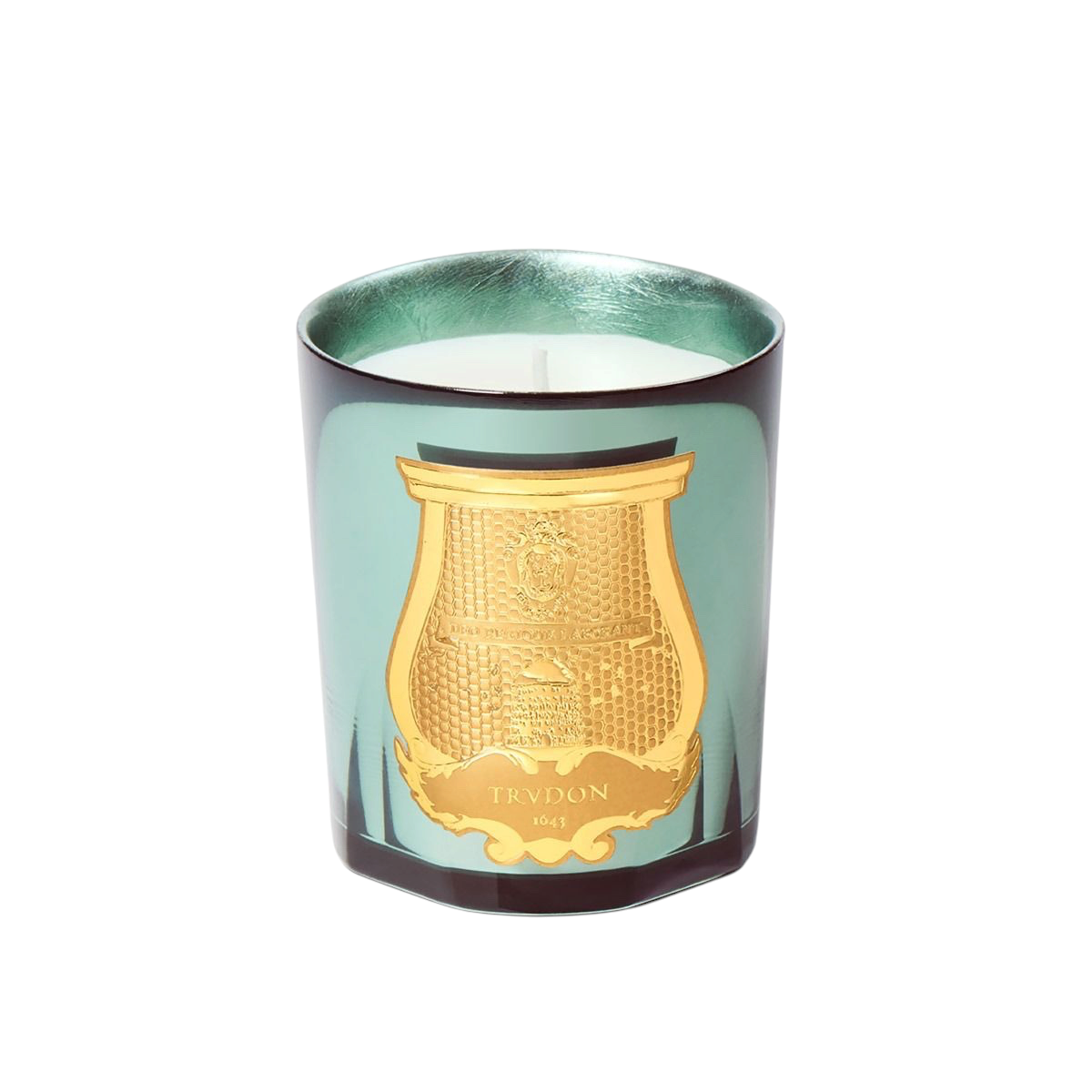 Trudon Fir Christmas tree scented candle in a celadon mirror-finish glass with a gold emblem