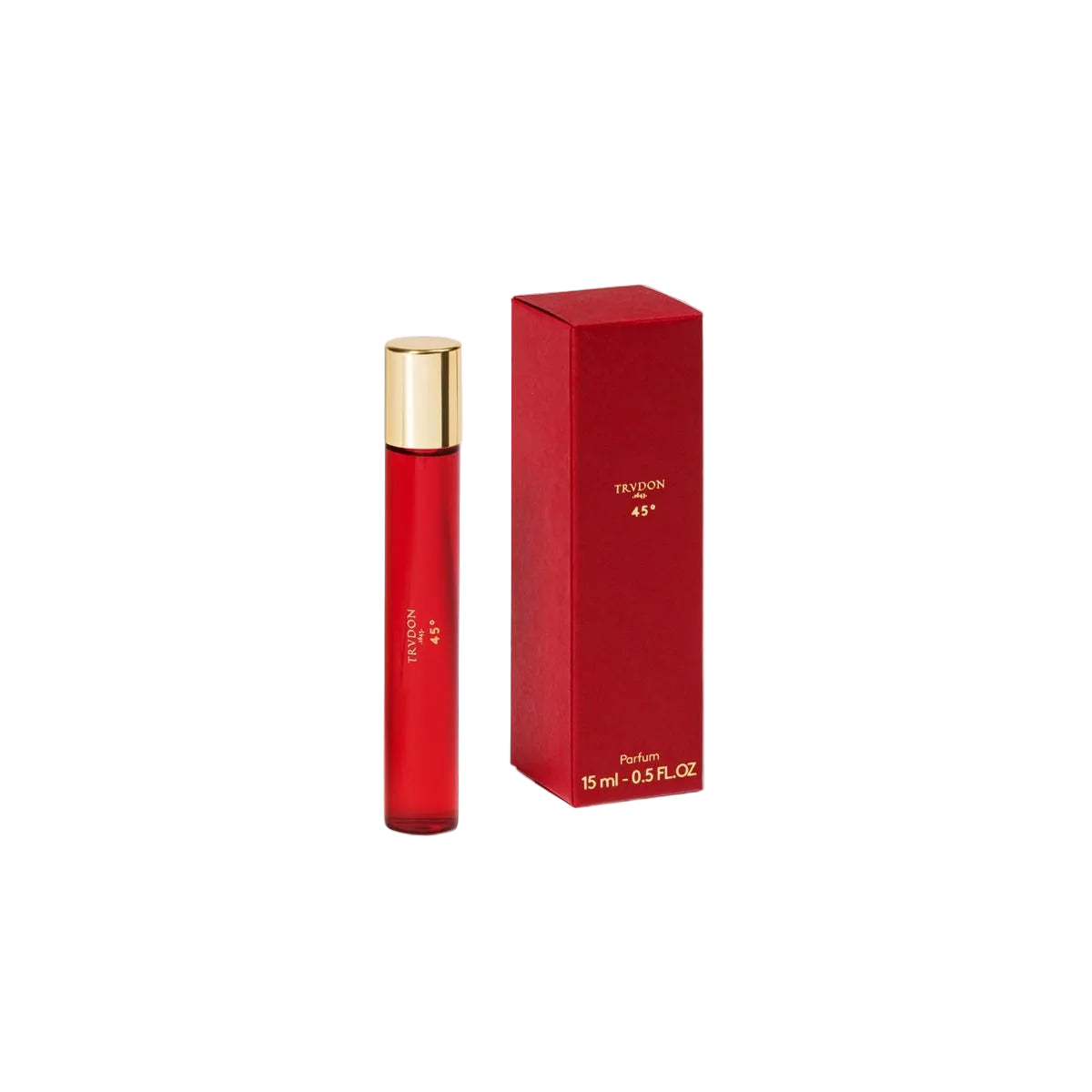 Red perfume bottle with gold cap and matching box on a white background