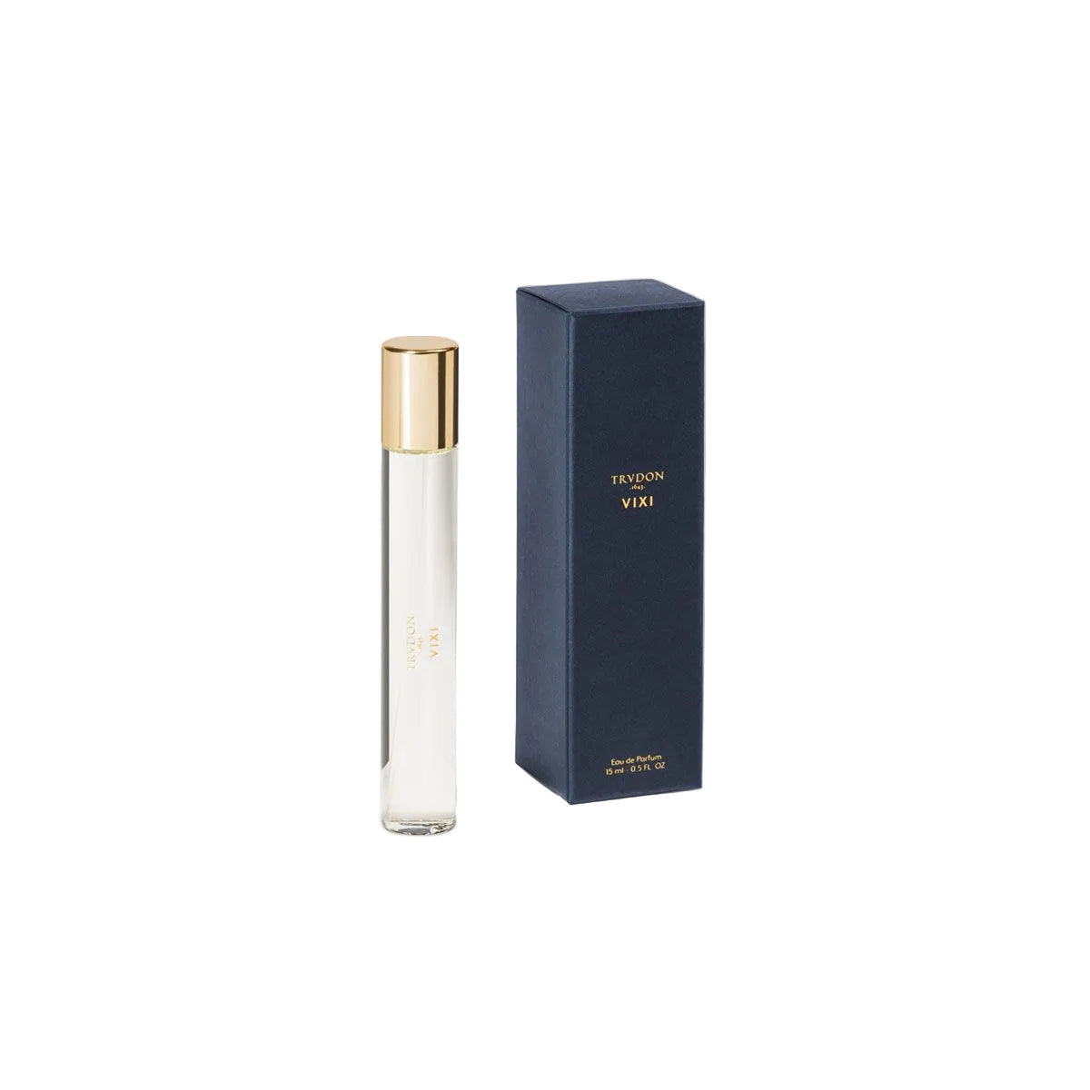 Perfume bottle with gold cap and clear body next to a black box on a light gray background