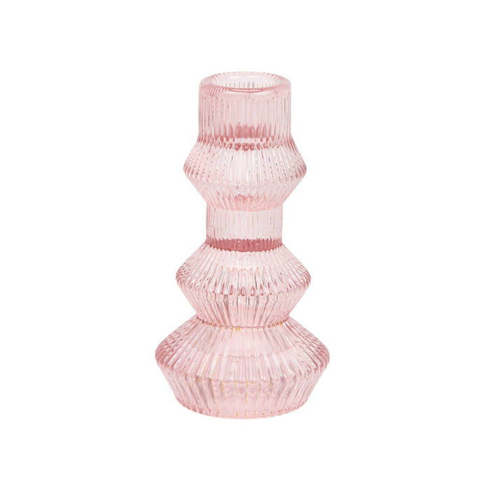 Ribbed Pink Glass Candlestick Holder - Home Décor