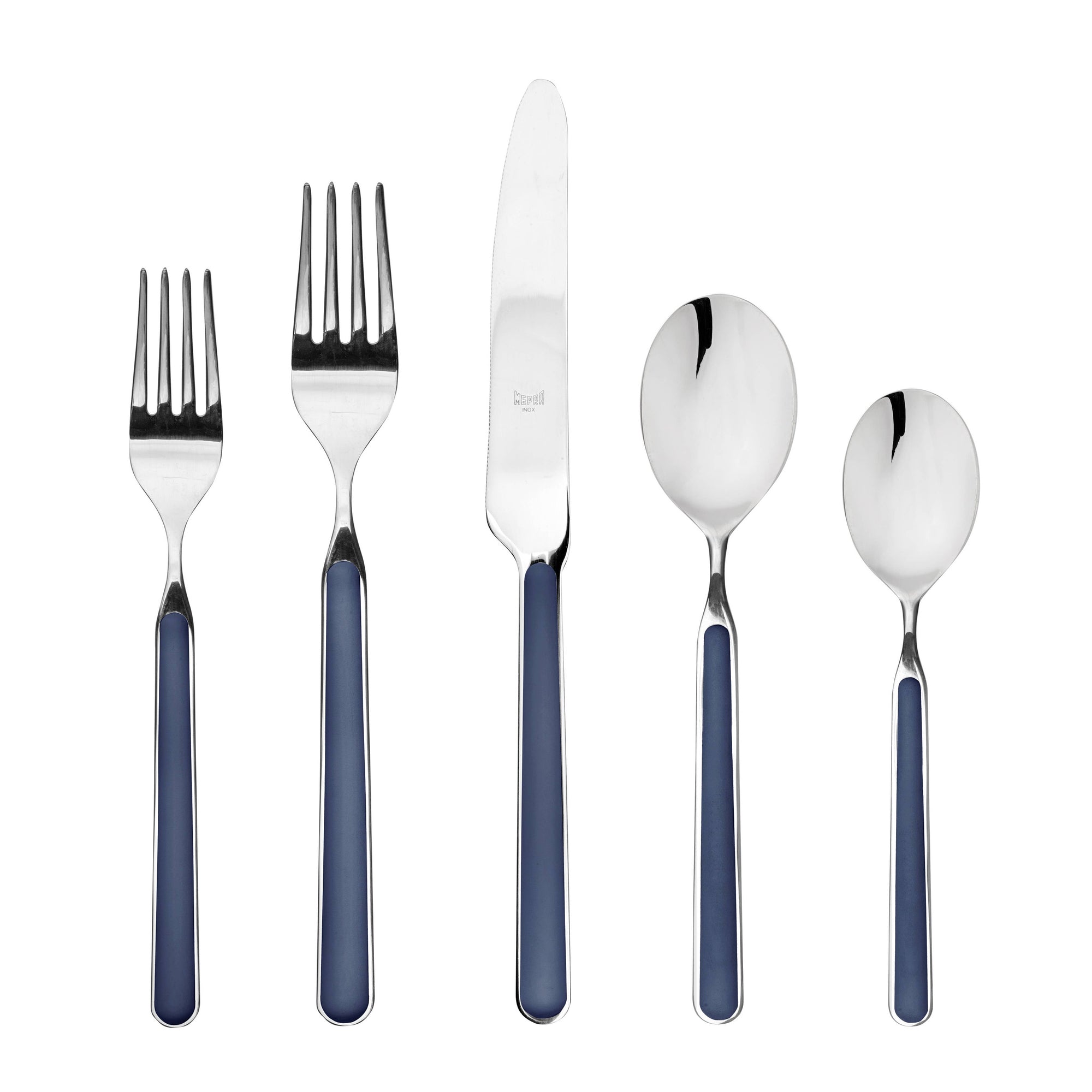 A 5 piece flatware set including a dinner knife, dinner fork, salad fork, soup spoon, and teaspoons with blue handles.