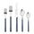 A 5 piece flatware set including a dinner knife, dinner fork, salad fork, soup spoon, and teaspoons with blue handles.