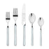 Five piece Italian flatware set in light blue with 2 forks, knife and 2 spoons on white background 