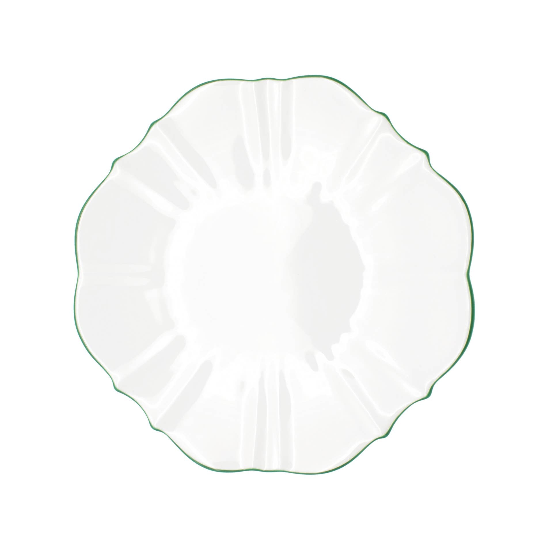 White dinner plate with forest green rim on white background 