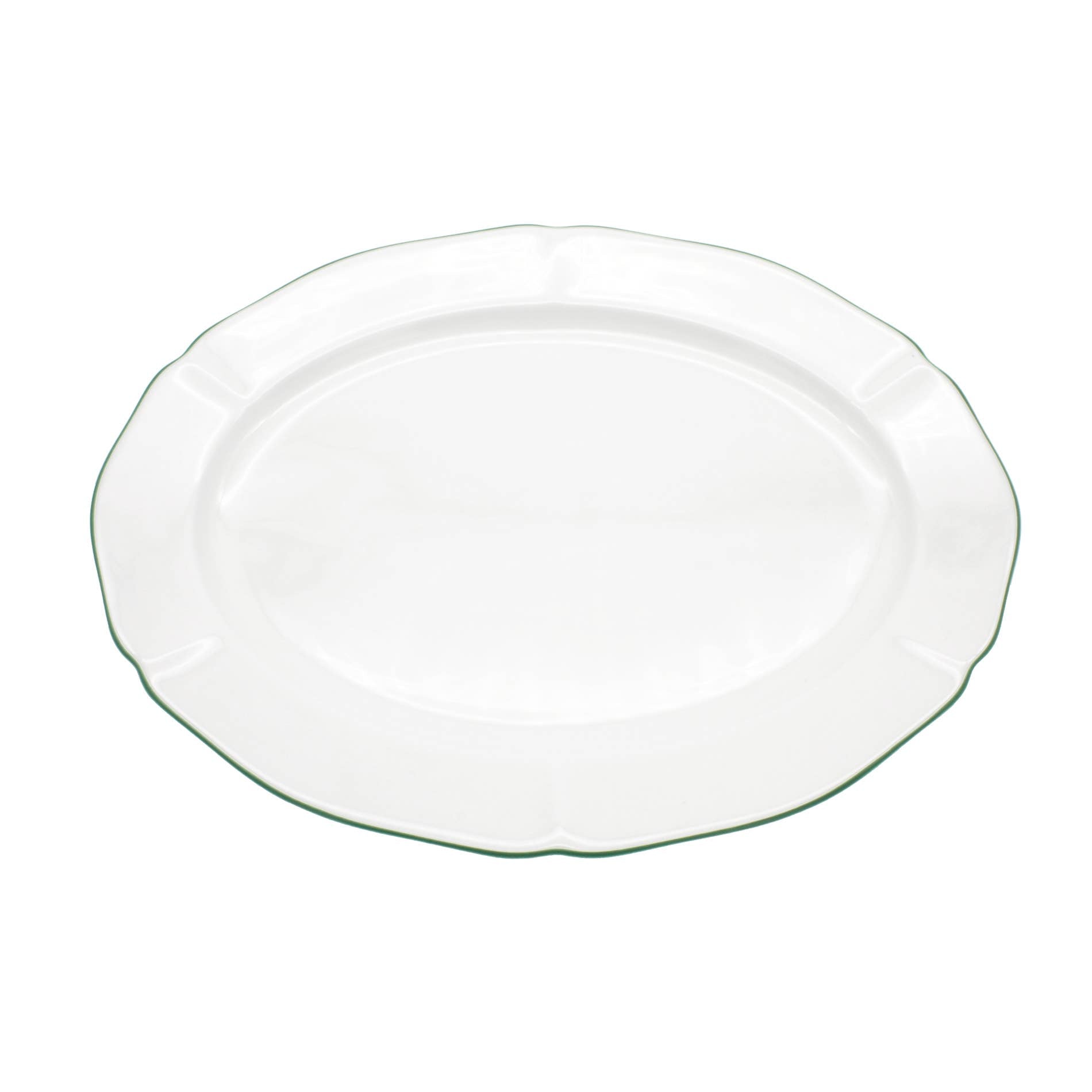 White platter with forest green rim on white background