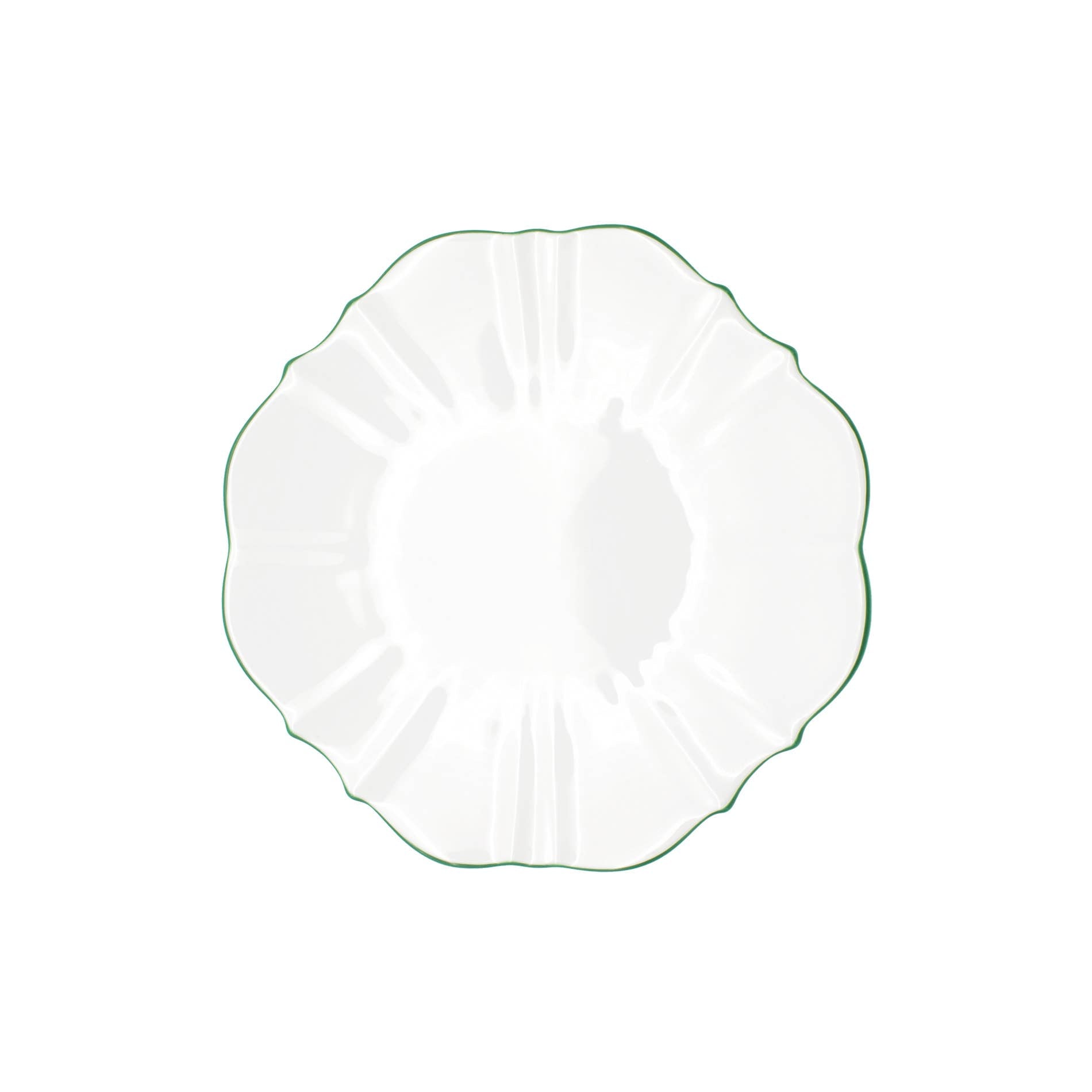 Salad plate white with forest green rim on white background 