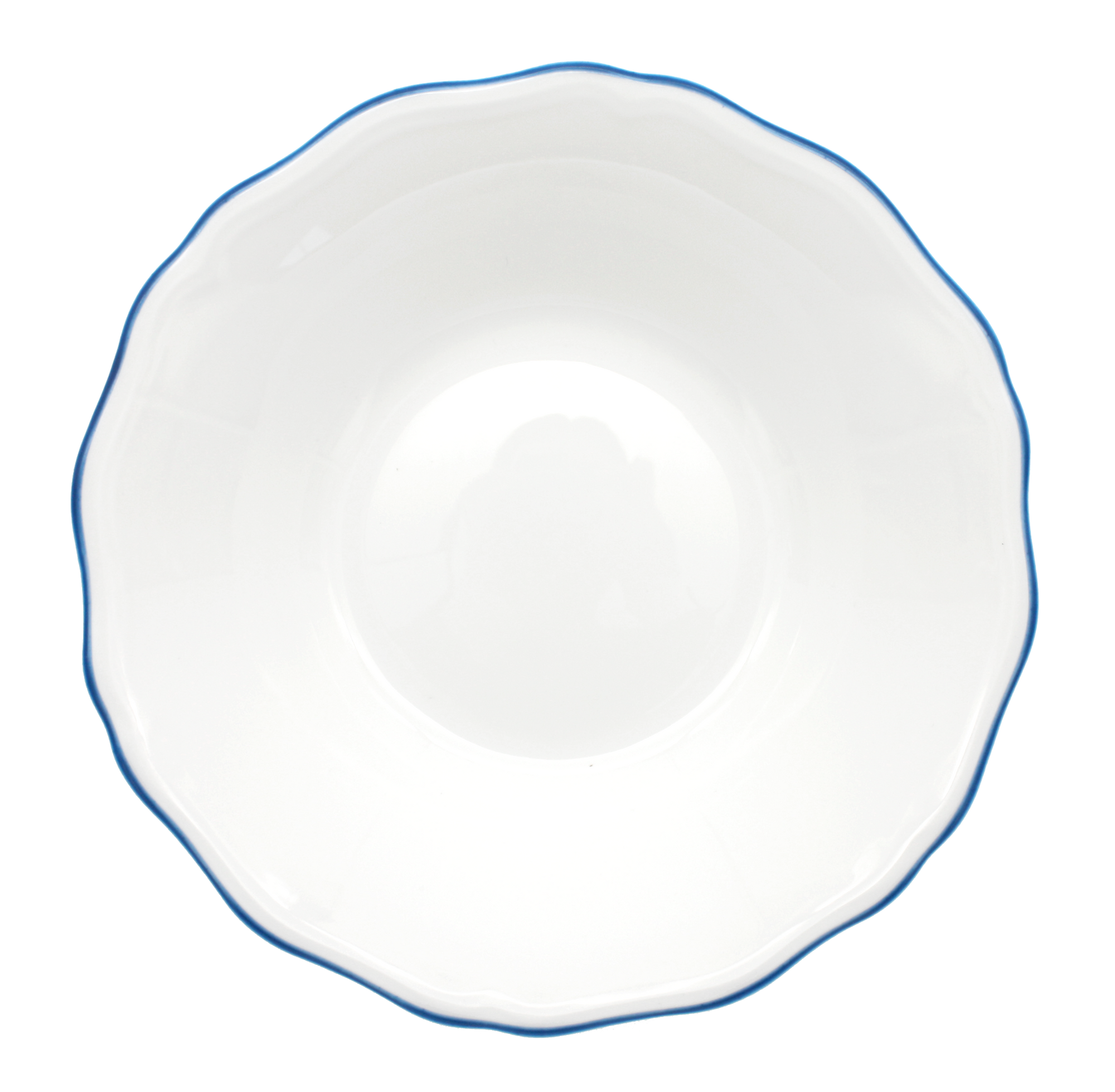 A white fine bone china soup/pasta bowl with a hand-painted royal blue rim.