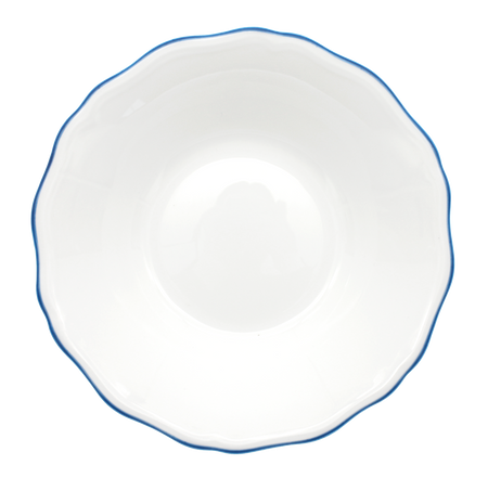 A white fine bone china soup/pasta bowl with a hand-painted royal blue rim.