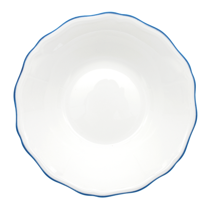 A white fine bone china soup/pasta bowl with a hand-painted royal blue rim.